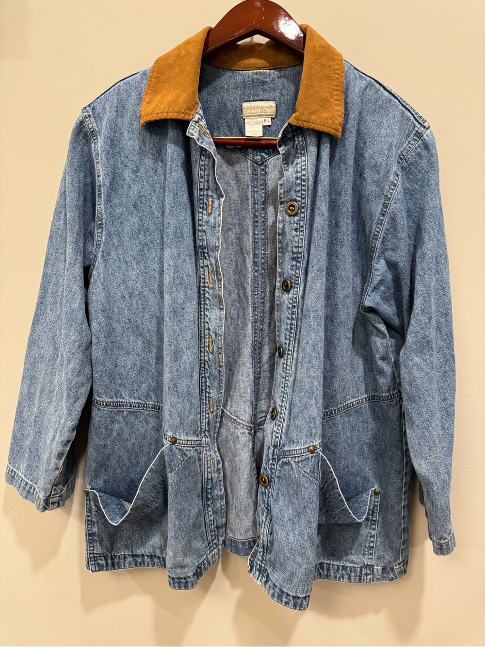 Vintage Coldwater Creek Suede Collar Denim Barn Jacket Womens Petite Large